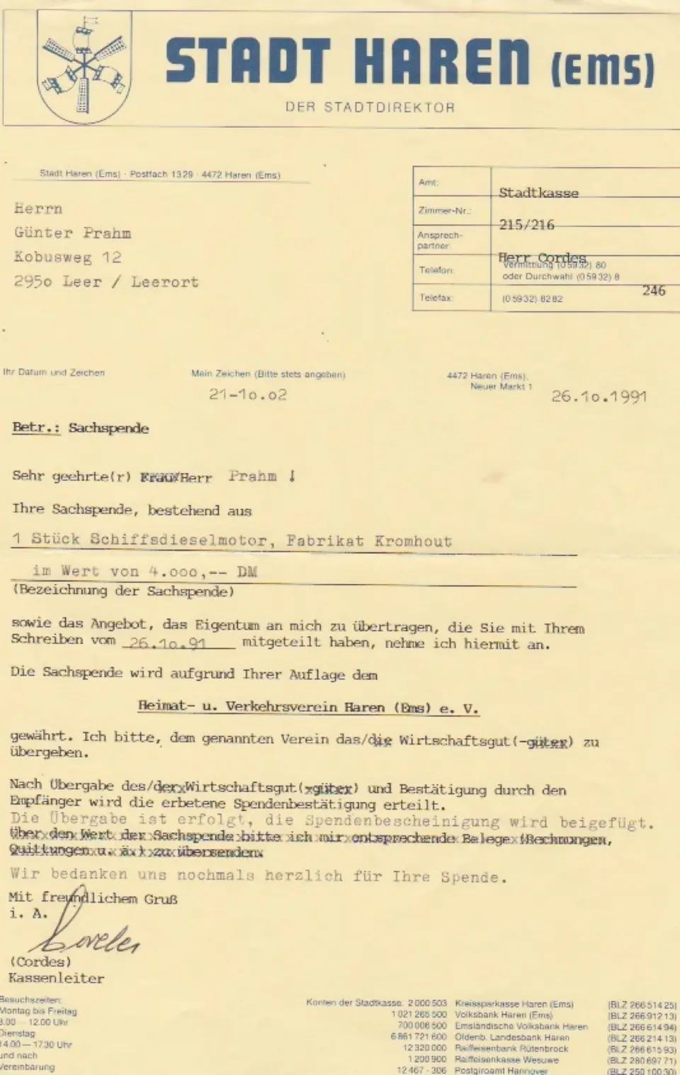 Schenkingsdocument uit 1991 voor de Kromhout-motor
