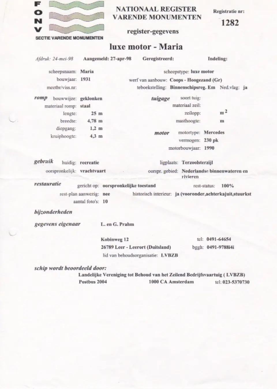Vermelding in het register van historische schepen die Maria identificeert en haar bouw in 1931 bij Coops vastlegt