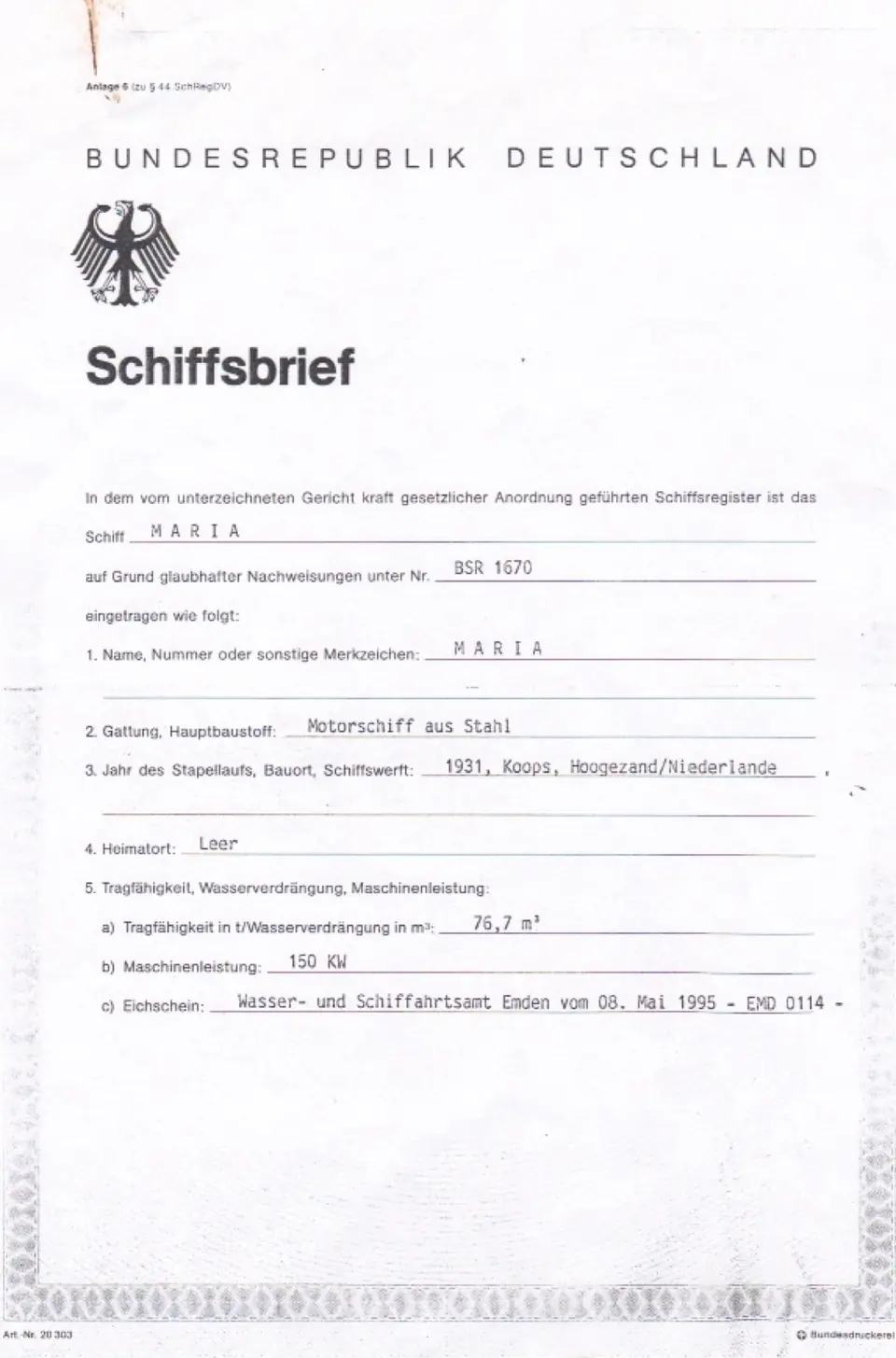 Maria’s Duitse Schiffsbrief uit 1995 met haar officiële identiteit