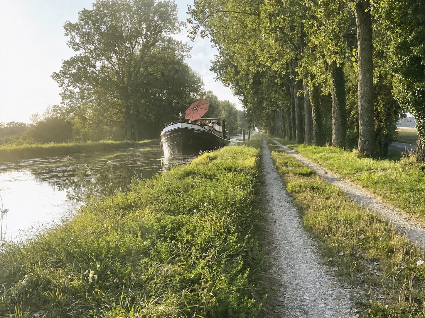 Maria amarrée le long d’un canal paisible et d’un chemin de halage bordé d’arbres, dans la douce lumière du soir