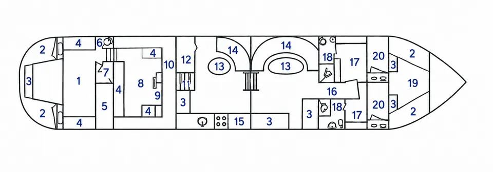 Plan de Maria montrant la cabine arrière, la timonerie, les espaces de vie et les deux cabines avant